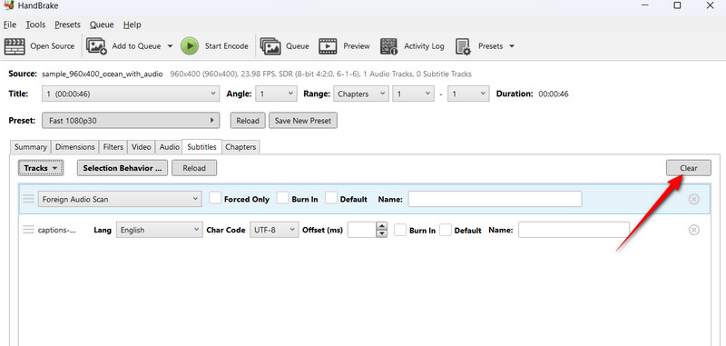 Očisti titlove u Handbrakeu
