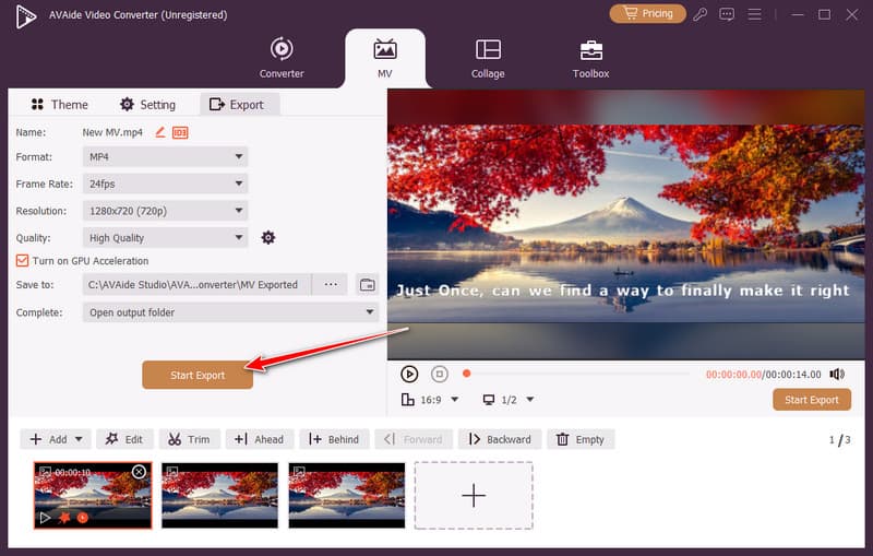 Starten Sie den Export des Lyric-Videos.
