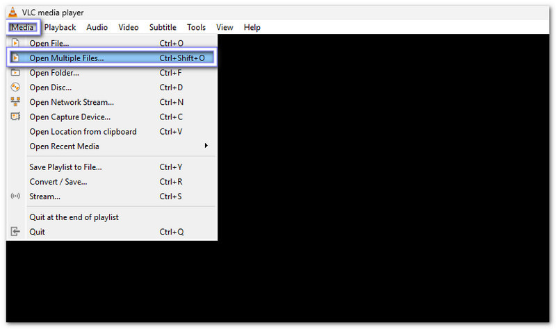 Faceți clic pe Media și alegeți Deschidere mai multe fișiere