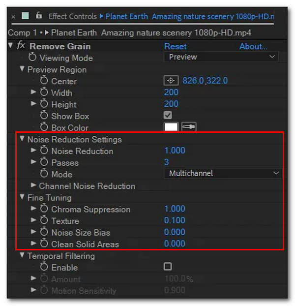 Setări de reducere a zgomotului în After Effects