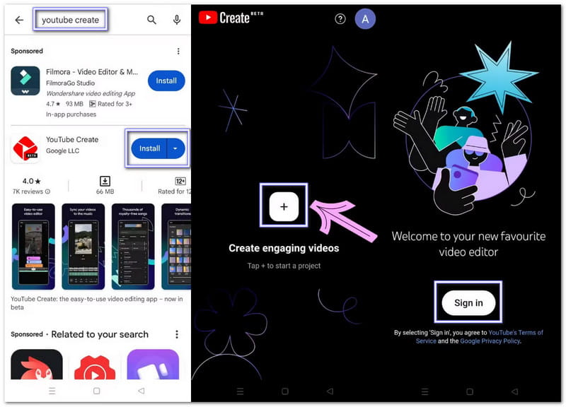 Get YouTube Create Installed and Sign In