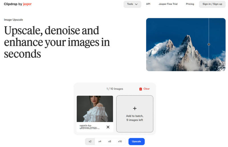 Clipdrop Image Upscaler-grænseflade