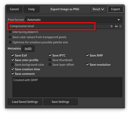 Niveau de compression PNG d'exportation