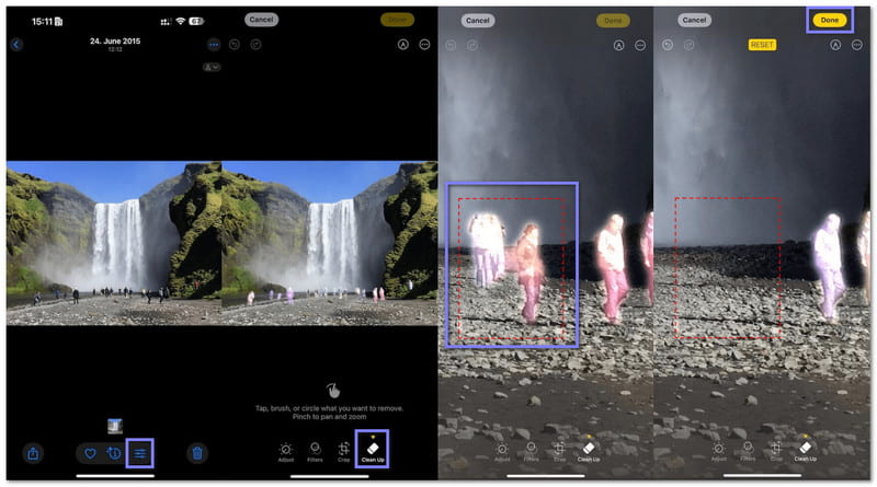 使用 iPhone 上的清理功能从照片中移除人物