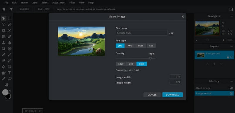 Bildausgabeformat Pixlr