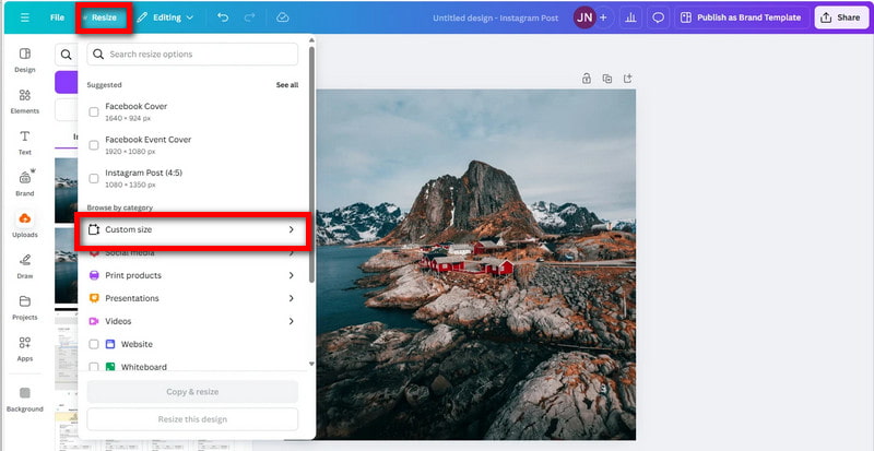 Benutzerdefinierte Größe anpassen