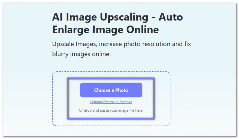 AVAide Bild-Upscaler: Fügen Sie das Bild hinzu, das Sie vergrößern möchten.