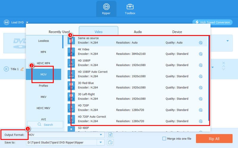 Výstupní formát MOV k dispozici