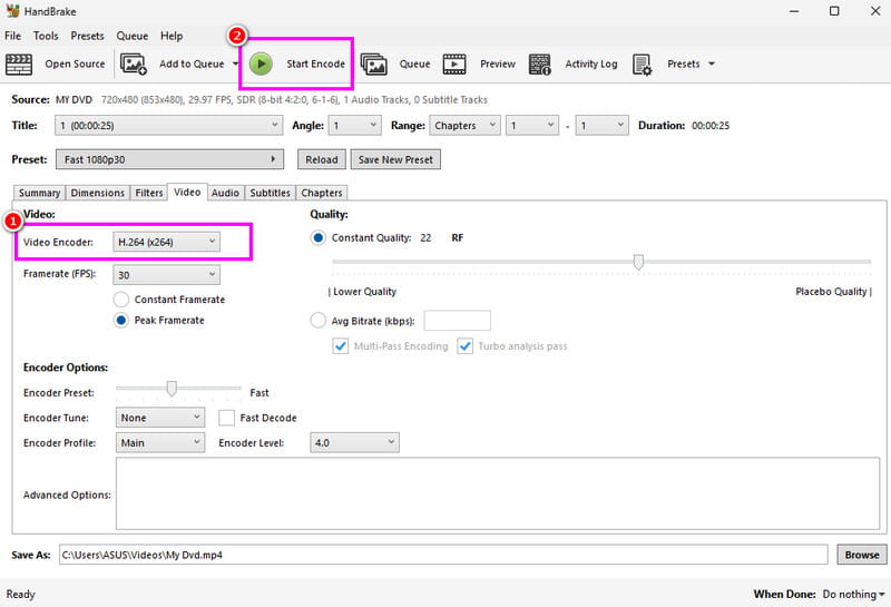 Turn DVD to H264 via Handbrake