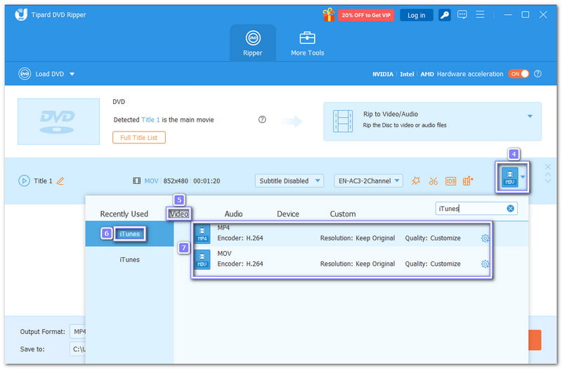 בחר MP4 או MOV ב-iTunes