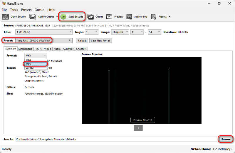 Transkod DVD ke Mkv dalam Handbrake