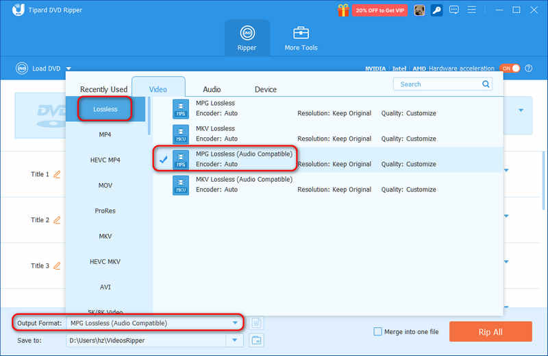 Выберите предустановку вывода MPG без потерь в программе AVAide DVD Ripper.