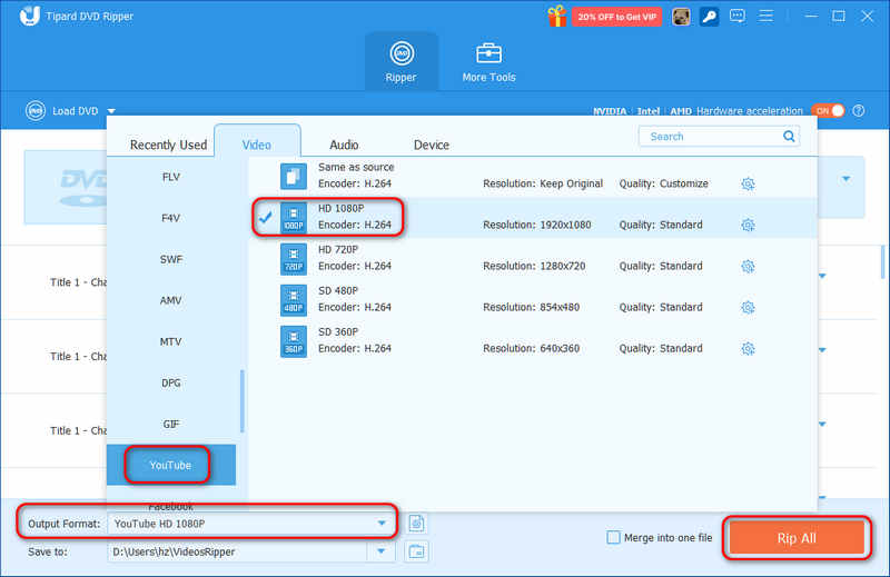 AVAide DVD Ripper'da YouTube için optimize edilmiş bir ön ayar seçin.