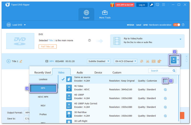 Kies MP4- of MKV-formaat.