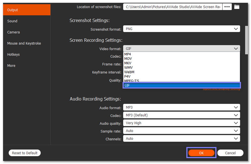 GIF를 출력 형식으로 설정