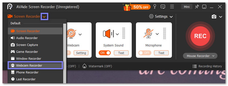 选择网络摄像头录制选项