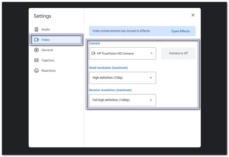 打開視訊選項卡