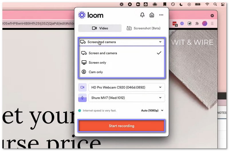Loom-Bildschirmaufnahme auf dem Mac