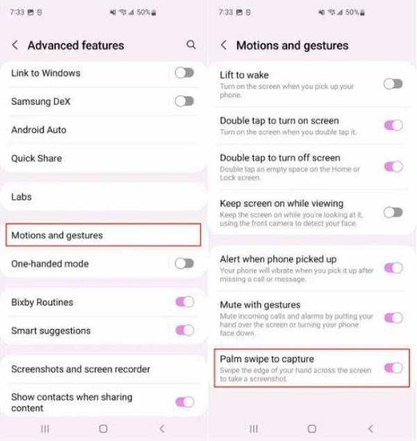 Zapněte funkci Palm Swipe na Samsungu
