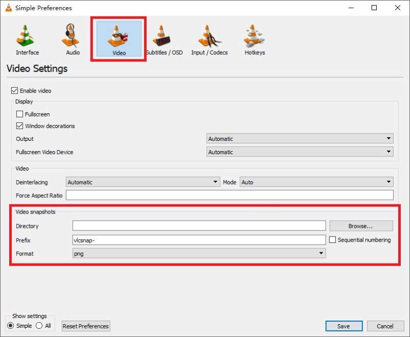 Video Preferences Snapshots