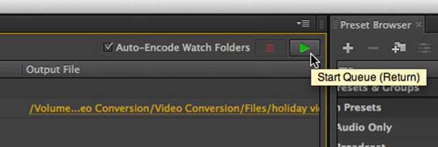 Fila inicial do Adobe Media Encoder