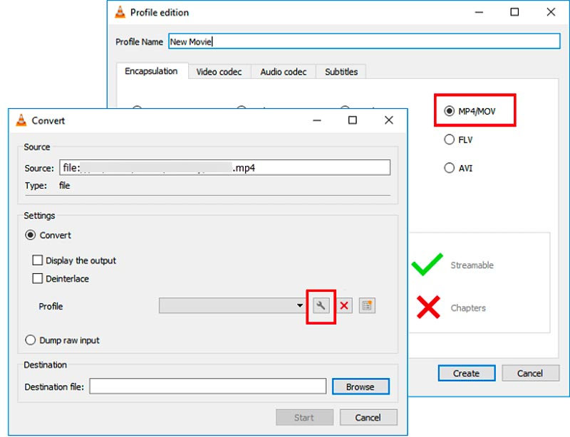 Sélectionner le format VLC