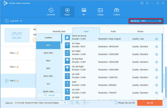 Sélectionnez l'extracteur de format de sortie